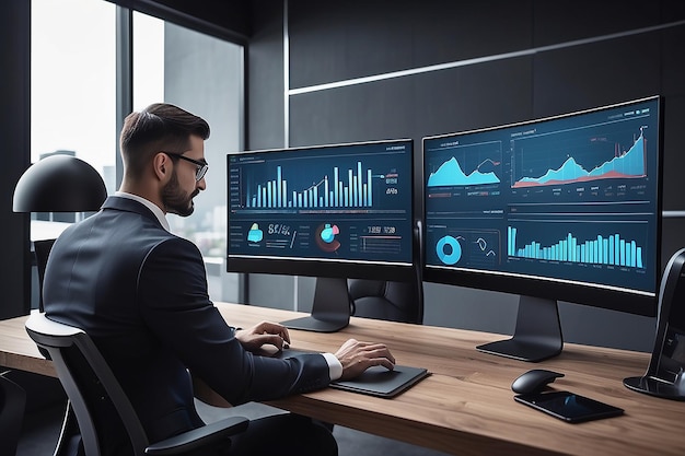 Geschäftsmann arbeitet mit einem modernen Computer virtuellen Armaturenbrett Finanzen analysieren Verkaufsdaten wirtschaftliche