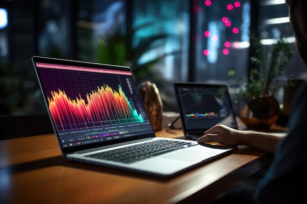 Geschäftsmann arbeitet nachts am Laptop mit Börsendiagramm auf dem Bildschirm