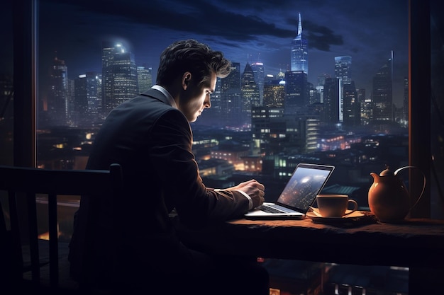 Geschäftsmann arbeitet nachts am Laptop