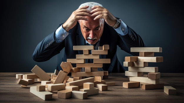 Foto geschäftsmann baut das geschäftsmodell aus holzblöcken auf. alternatives risikokonzept, versicherungskonzept, erstellt mit generativer ki-technologie