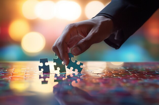 Geschäftsmann baut ein Puzzle im Bokeh-Stil Hintergrund