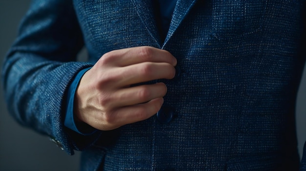 Geschäftsmann befestigt einen Knopf an einem blauen Tweed-Blazer mit dunkelblauem Hemd, hält die Hände dicht und generiert KI