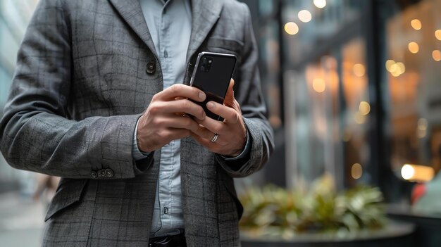 Foto geschäftsmann benutzt smartphone in der stadt