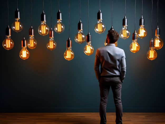 Geschäftsmann beobachtet viele Glühbirnen, die über dem Ideenkonzept Generative KI hängen