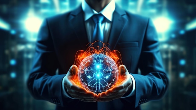 Geschäftsmann berührt das Gehirn der künstlichen Intelligenz