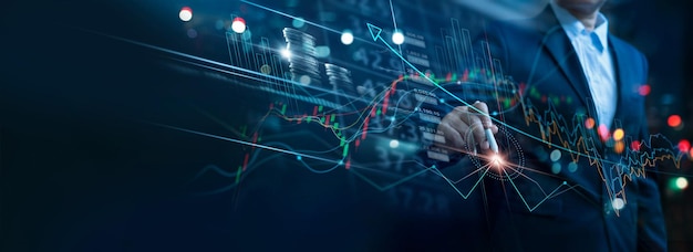 Geschäftsmann berührt das Investitionswachstumsdiagramm und analysiert den Datenhandel mit Wachstumsleistungsdiagrammen