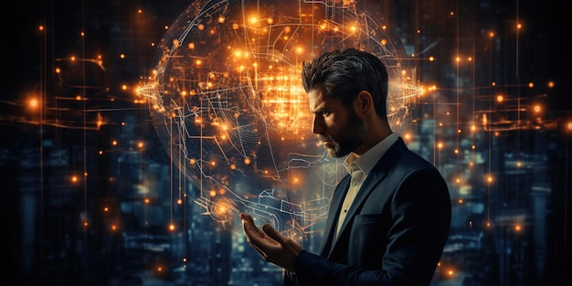 Geschäftsmann berührt den Schaltkreis des Gehirns der künstlichen Intelligenz (KI) Das futuristische Geschäft