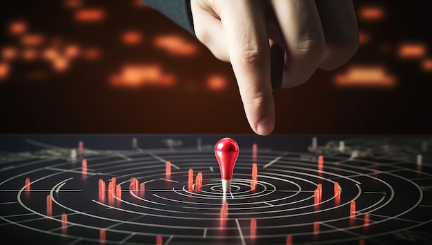 Geschäftsmann berührt mit der Hand den roten Pfeil auf das Ziel mit Weltkarte und Bokeh-Hintergrund