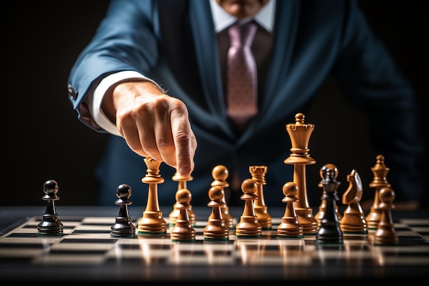 Geschäftsmann bewegt Schachfigur auf Schachbrettspielstrategie