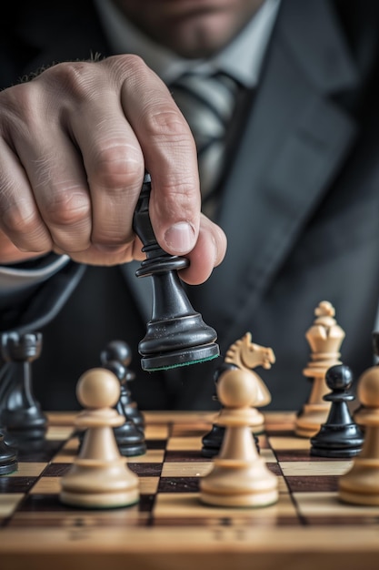 Geschäftsmann bewegt schwarze Schachfiguren