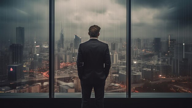 Geschäftsmann blickt aus einem Fenster in einem modernen Büro mit KI-Generierung auf die Stadt