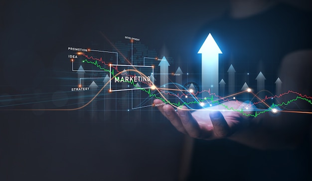 Geschäftsmann, der Analyse eines Diagrammwachstums hält Digitales Marketingkonzept Entwicklung und Analyse