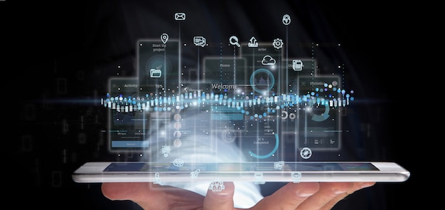 Geschäftsmann, der Benutzerschnittstellenschirme mit Ikone, Statistiken und Wiedergabe der Daten 3d hält