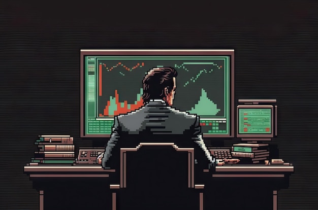 Geschäftsmann, der Computermonitore betrachtet, um Aktienfinanzanalyse-Pixelkunstartgrafik zu handeln