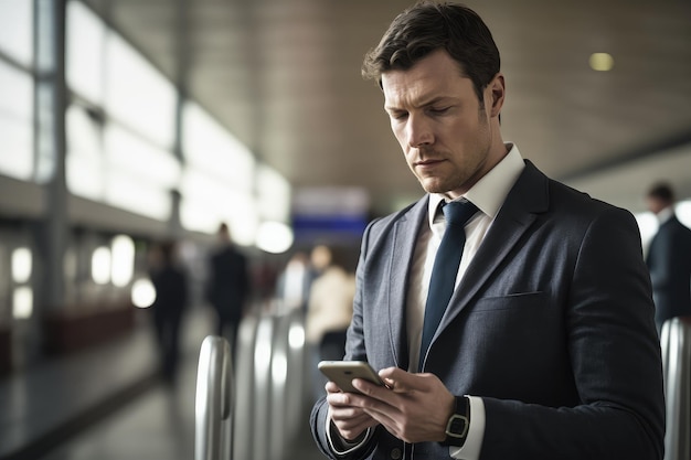 Geschäftsmann, der den Flugstatus auf dem Smartphone am Flughafenterminal überprüft