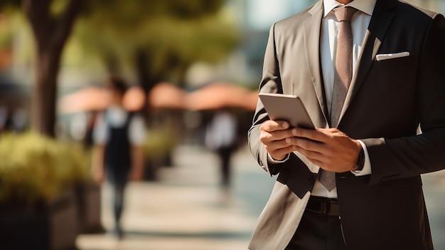 Foto geschäftsmann, der ein tablet verwendet, um daten zu analysieren, ki-technologieanalyse mit verschwommenem hintergrund