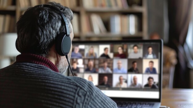 Geschäftsmann, der einen Laptop verwendet, um FaceTime-Videoanrufe, Telekonferenzen und Zoom-Meeting-Online-App zu nutzen, während er zu Hause ist