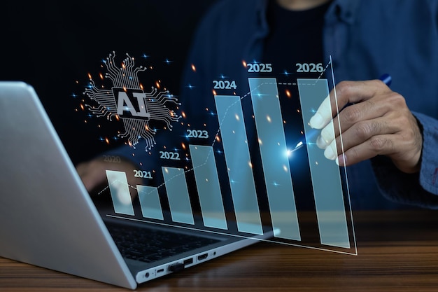 Geschäftsmann, der KI-Künstliche Intelligenz für die Planung des Geschäftswachstums im zukünftigen KI-for-Business-Konzept verwendet