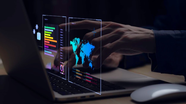 Geschäftsmann, der mit Business Analytics und Data Management System an Computer-Online-Dokumentenverwaltung und Metriken arbeitet, die mit der Datenbank verbunden sind Unternehmensstrategie für Finanzoperationen salesx9