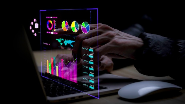 Geschäftsmann, der mit Business Analytics und Data Management System an Computer-Online-Dokumentenverwaltung und Metriken arbeitet, die mit der Datenbank verbunden sind Unternehmensstrategie für Finanzoperationen salesx9