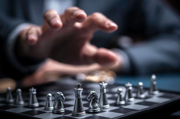 Geschäftsmann, der Schach spielt, denkt Problemlösung, Teamwork, Planung von Wettbewerben, internationale Schachideen und Wettbewerbs- und Strategiegeschäftserfolgskonzepte, strategisches Konzept