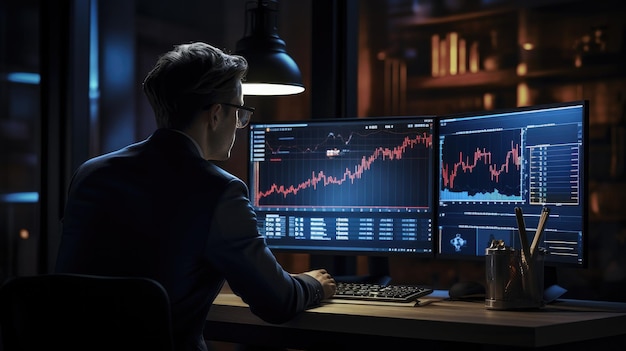 Geschäftsmann, der seinen Computer benutzt, um Aktiendiagramme zu analysieren