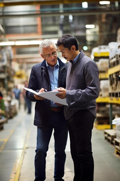 Foto geschäftsmann diskutiert mit einem kollegen in der fabrik