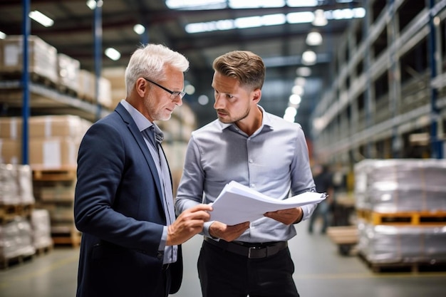 Geschäftsmann diskutiert mit Kollegen über Dokumente in der Fabrik