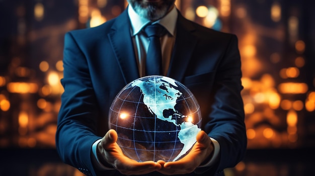 Geschäftsmann hält globalen Geschäftsglobus mit Netzwerk verbunden mit digitaler Marketingstrategie