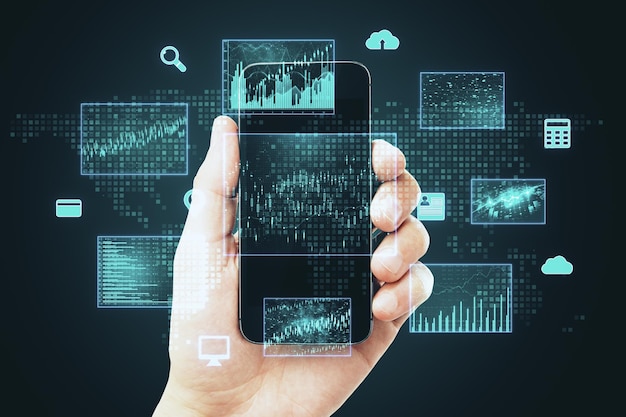 Geschäftsmann hält Mobiltelefon mit Geschäftsschnittstelle in der Hand