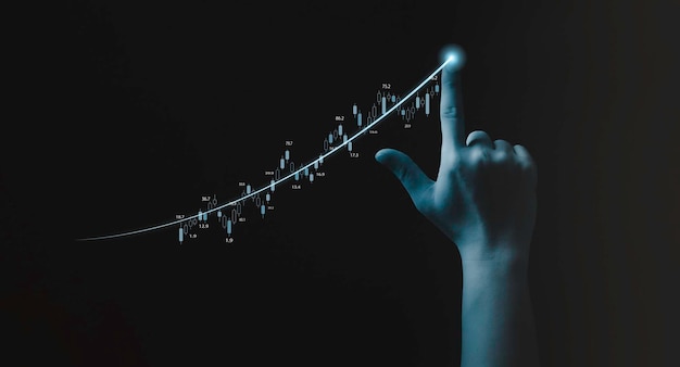 Geschäftsmann Hand schreiben Börsendiagramm Gewinngewinn Unternehmensinvestitionsplanung Wachstum und wirtschaftliches zunehmendes Strategiekonzept