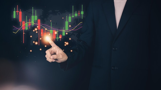 Foto geschäftsmann hand touch-hologramm des aktiendiagramms oder des kryptowährungsdiagramms statistikdiagramm und zeichenwachstumsdiagramm des planungs- und strategiekonzepts