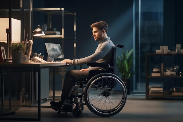 Geschäftsmann im Rollstuhl, der abends allein im Büro am Laptop arbeitet