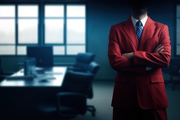 Geschäftsmann im roten Anzug mit gekreuzten Armen im Büro