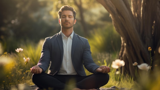 Geschäftsmann in einem Anzug meditiert in der Lotus-Pose in der Natur, erstellt mit generativer KI-Technologie