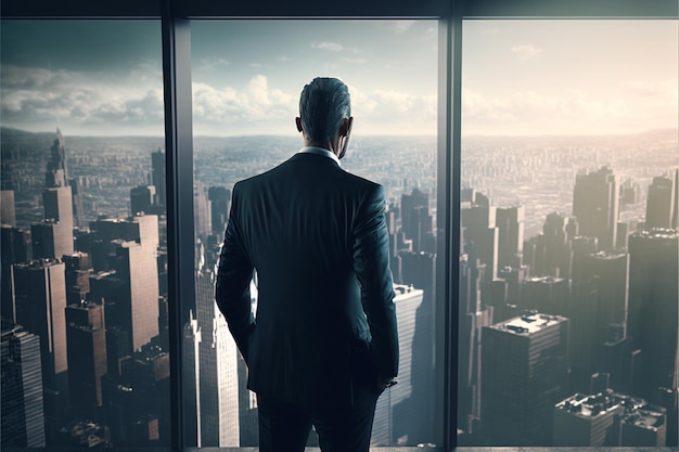 Geschäftsmann in einem Anzug Mitte dreißig, der die Stadt vom 104. Stock eines Wolkenkratzers aus betrachtet, sehen wir nur seinen Rücken