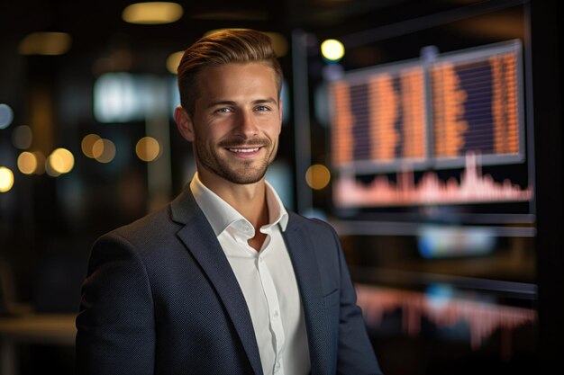 Foto geschäftsmann in einem unternehmensinterieur mit einem chart-hintergrund