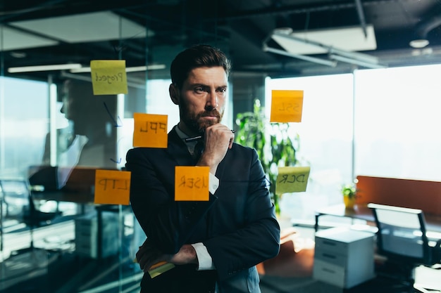 Geschäftsmann in Reflexion an einem Glas-Taskboard hängt Pläne auf farbigen Papieraufklebern Pläne für die nahe Zukunft