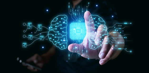 Geschäftsmann interagiert mit KI künstlicher Intelligenz Gehirnprozessor im Konzept von KI künstlerischer Intelligenz Engineering Big Data und KI maschinelles Lernen, um generative KI für Geschäftsunterstützung zu verwenden