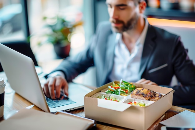 Foto geschäftsmann isst eine gesunde mahlzeit am schreibtisch