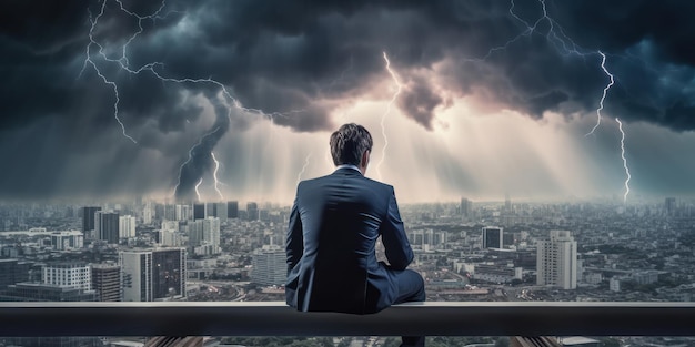 Geschäftsmann ist entschlossen, sich jeder Herausforderung zu stellen. Stadtbild, Gewitter, Sturm, Hintergrund, generative KI