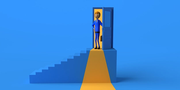 Geschäftsmann kommt aus einer halboffenen Tür Kopieren Sie Platz 3D-Illustration Cartoon