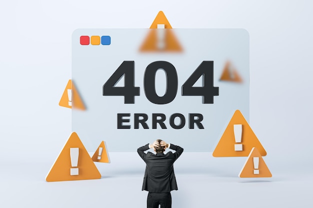 Geschäftsmann konfrontiert mit einer Fehlermeldung 404 mit Vorsichtszeichen Website-Problemkonzept