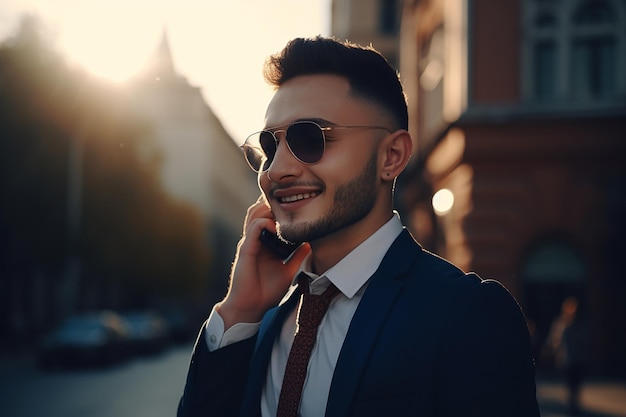 Geschäftsmann lächelt bei Telefonanruf in der geschäftigen Stadt mit Sonnenstrahlen
