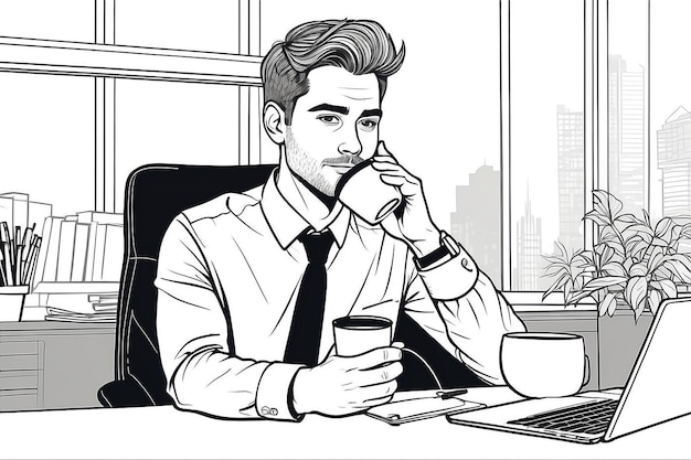 Geschäftsmann, männlicher Büroangestellter sitzt an seinem Arbeitsplatz, hält und trinkt heißen Kaffee, denkt und