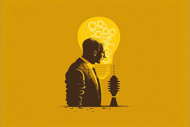 Geschäftsmann mit Glühbirne, Ideenkonzept, gelber Hintergrund. Generative KI