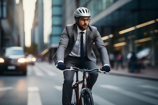 Geschäftsmann mit Helm und Fahrrad unterwegs in der Stadt zur Arbeit