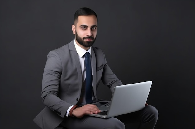 Geschäftsmann mit Laptop auf grauem Hintergrund