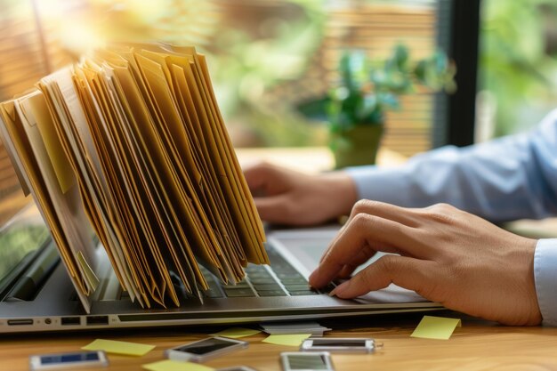 Foto geschäftsmann mit laptop für elektronische dokumentenverwaltung und papierloses büro