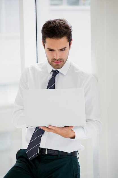 Geschäftsmann mit Laptop und Notizen